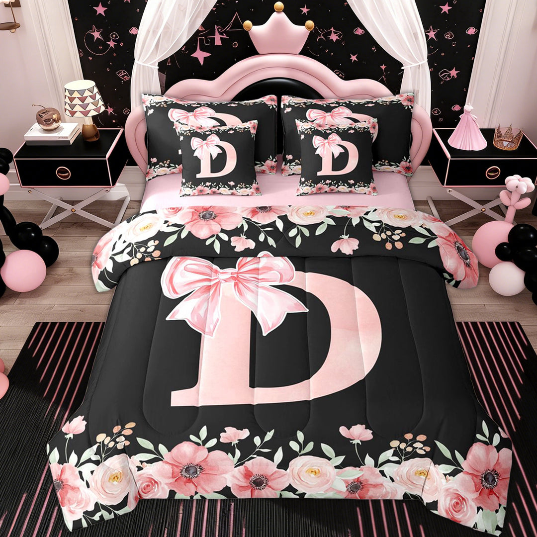 Erosebridal Princess Bow D Twin Bedding Sets 7-Piece, Spring Flower Bedding Comforter Set, Pink Reversible