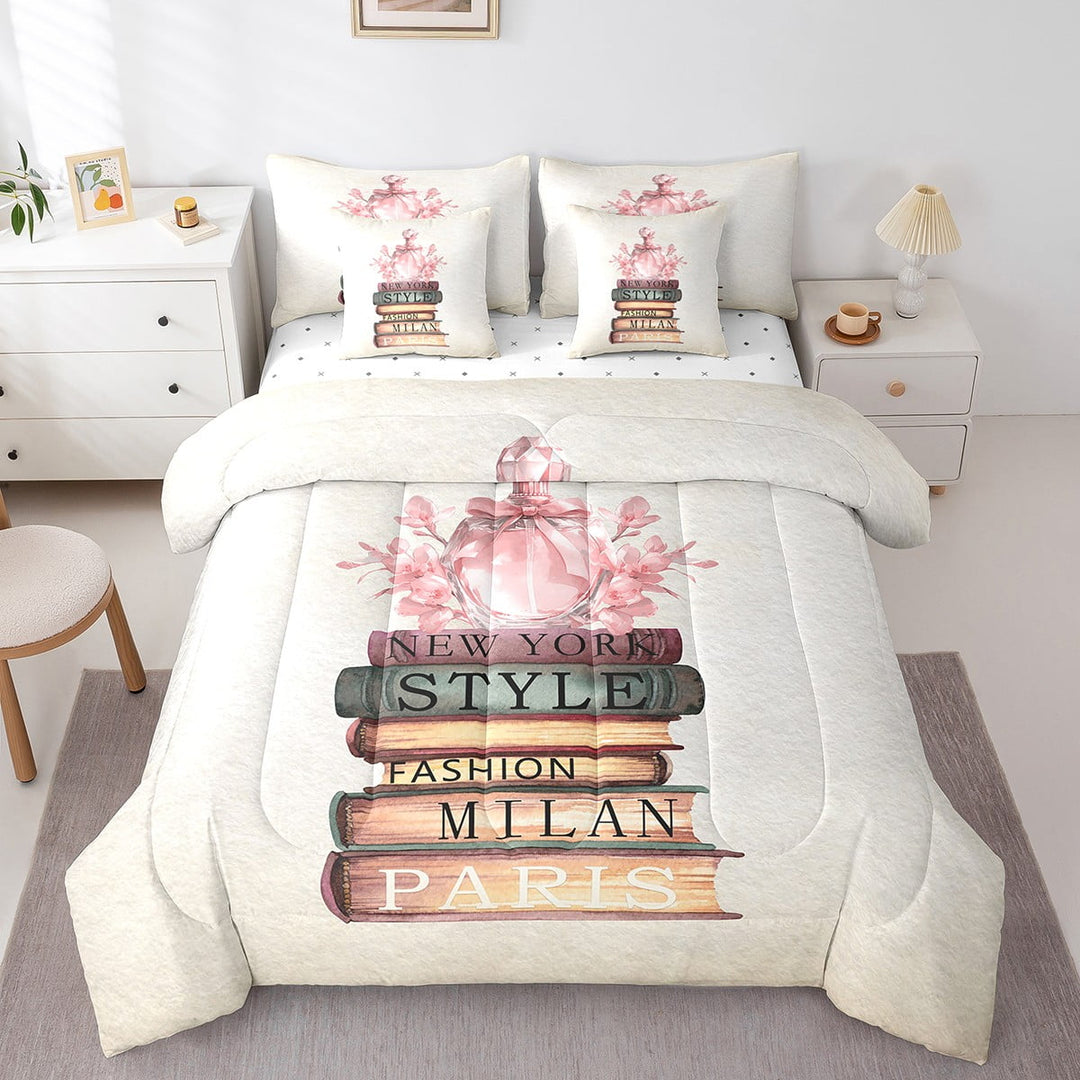 7Pcs Gorgeous Perfume Bedding Queen, Modern Fashion Design Comforter Set Books Decorations Comforter + Flat Sheet + Fitted Sheet + 2 Pillowcases + 2 Throw Pillow Covers