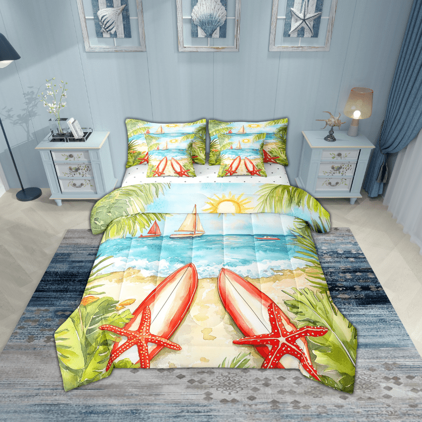 Erosebridal Sea Surfing Starfish Bedding Sets Twin Size,Ocean Beach Comforter Sets with Sheets,Teenager Bedroom Decor,Breathable,7pcs