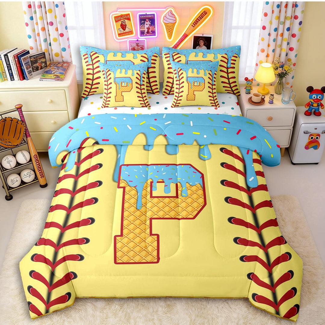 Erosebridal Light Blue Dripping Baseball Stitch &amp; Waffle Letter P Graphic Twin Bedding Sets 7-Piece, Alphabet Graphic Bedding Comforter Set for Boys And Girls Kids,Ultra Soft Home Decor
