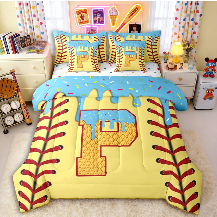 Erosebridal Light Blue Dripping Baseball Stitch &amp; Waffle Letter P Graphic Twin Bedding Sets 7-Piece, Alphabet Graphic Bedding Comforter Set for Boys And Girls Kids,Ultra Soft Home Decor