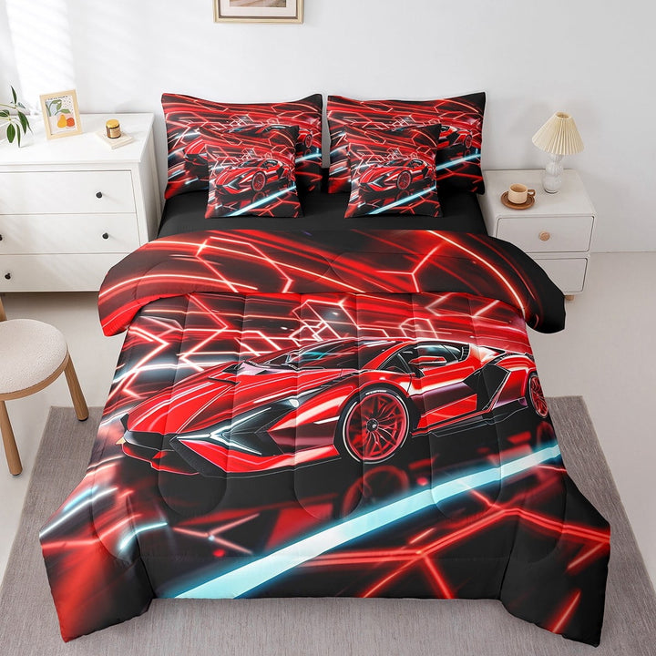 Erosebridal Red Race Car Bedding Sets Twin Size,Extreme Sports Comforter Sets With Sheets,Car Theme Decor,Reversible,Breathable,7Pcs