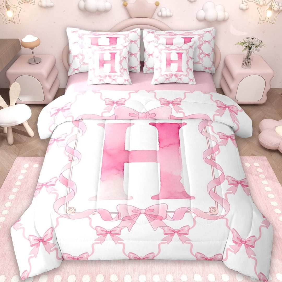 Erosebridal Letter H Monogrammed 7-Piece Twin Bedding Sets,Girly Bowknot Princess Bedding Comforter Set For Kids Women,Reversible pink