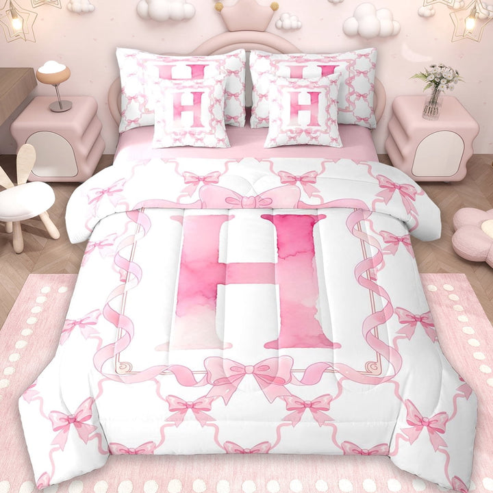 Erosebridal Letter H Monogrammed 7-Piece Twin Bedding Sets,Girly Bowknot Princess Bedding Comforter Set For Kids Women,Reversible pink