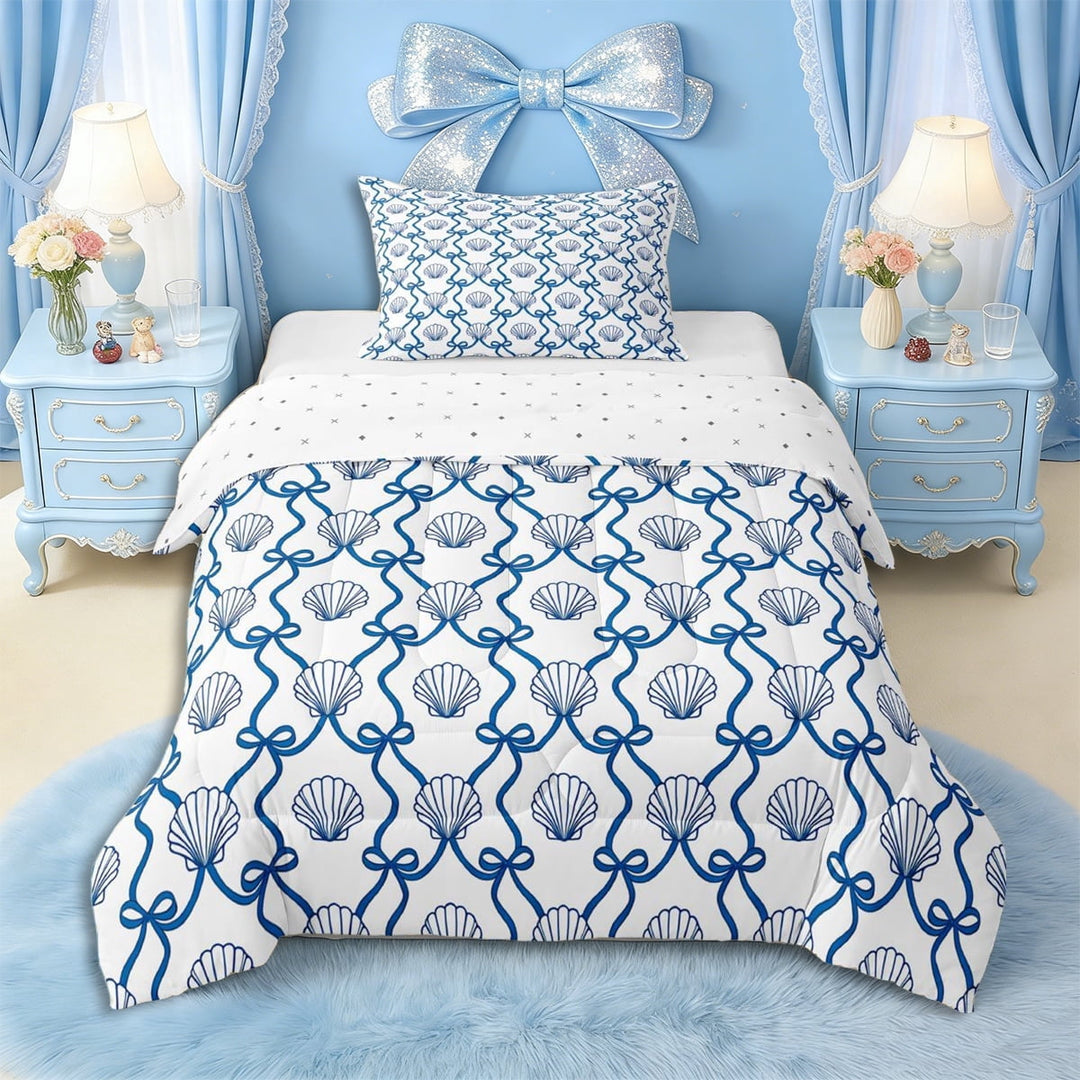 Erosebridal Girls Blue Ribbon Bow Twin Comforter Sets 3-Piece,Ocean Seashell Bedding Set for Teens Women,Lightweight Room Decor