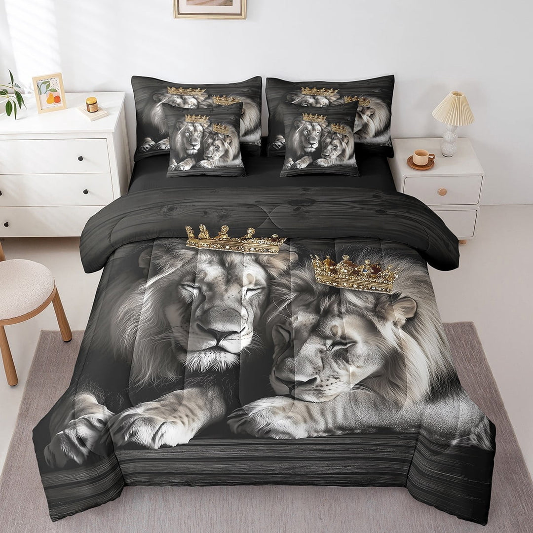 Erosebridal Couple Lion Bedding Sets King Size, Crown Comforter Sets with Sheets, Woodland Wildlife Decor, Reversible