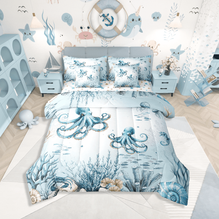 Erosebridal Cartoon Animal Octopus Bedding Sets Twin Size,Sealife Seahorse Seashell Comforter Sets with Sheets,Marine Theme Decor,Reversible,7pcs