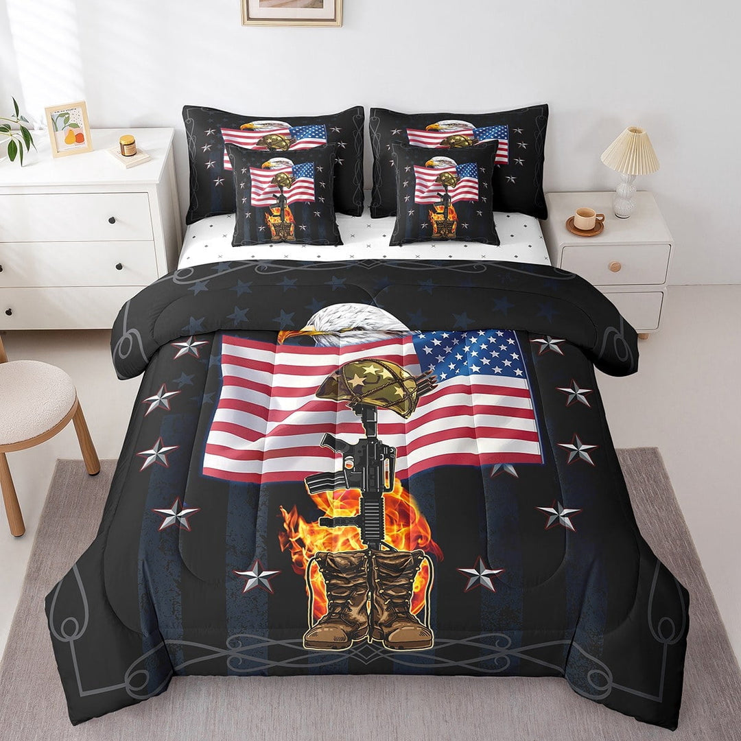 Erosebridal American Flag Bedding Sets Twin Size,Vintage Military Shoes Cap Comforter Sets with Sheets,BlackBed in a Bag Twin Size For Men Teens,Ultra Soft Room Decoration,7-Piece