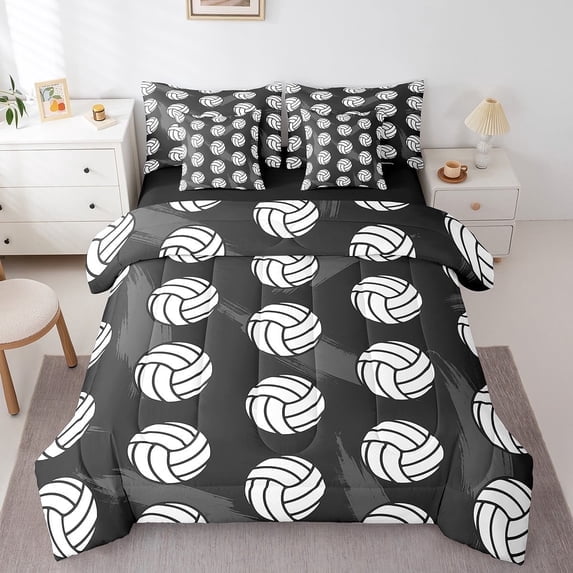 Erosebridal Volleyball Comforter Set Queen 7 Pcs Volleyball Games Black White Stripes Ball Pattern Bedding Set Sports Theme Bed in a Bag with Comforter