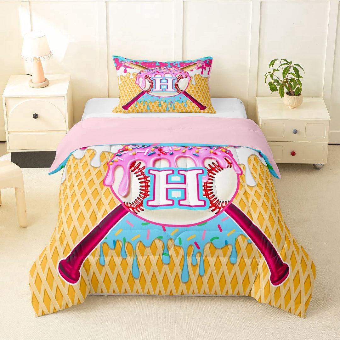 Erosebridal Ice Cream Drip Dessert Boy Twin Comforter Sets 3-Piece,Teens Sport Baseball Letter Monogrammed H Bedding Set,Pink Reversible