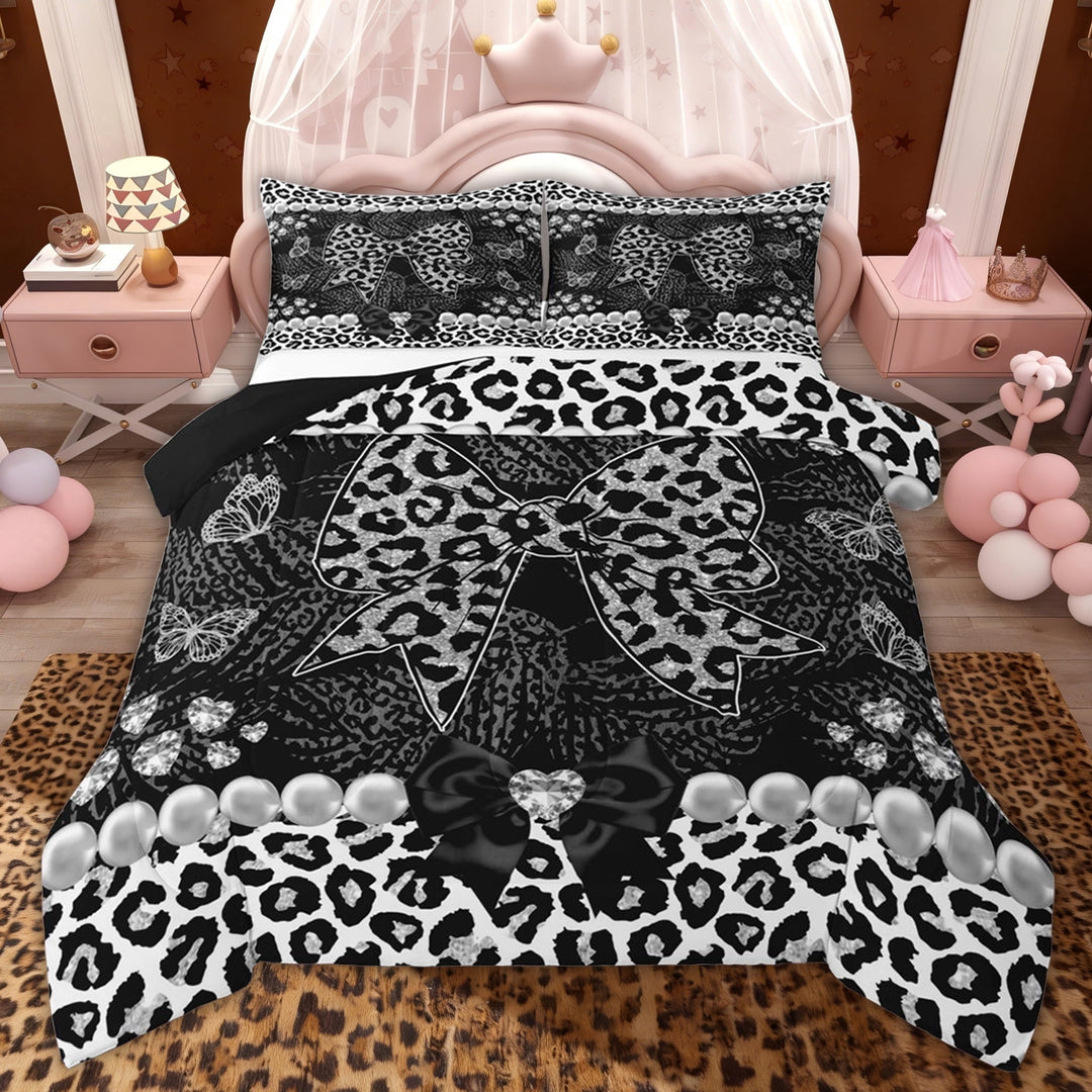 Erosebridal Leopard Print Bow Pearl Full Size Comforter Sets for Girls, Silver Glitter Print Ribbon Bedding Sets, Black Reversible, 3-Piece