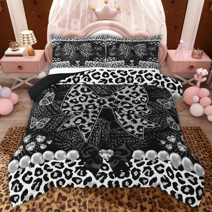 Erosebridal Leopard Print Bow Pearl Full Size Comforter Sets for Girls, Silver Glitter Print Ribbon Bedding Sets, Black Reversible, 3-Piece
