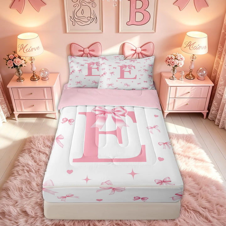 meiyoeat Bow Letter E Zipper Comforter Set with Fitted Sheet and 2 Pillowcases for Girls, Kawaii Print Zipper Bedding Set, Pink, Pink Reversible, 3 Pieces