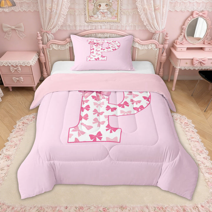 Erosebridal Pink Bow Letter P Twin Comforter Sets for Girls Women, Cute Buffalo Ribbon Bedding Set, Pink Reversible, 2pcs