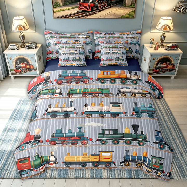 meiyoeat Vintage Steam Train Full Size Bedding Sets for Kids Boys, Retro Locomotive Car Full Size Bed in a Bag, Multicolor Gray, Blue Reversible, 7-Piece