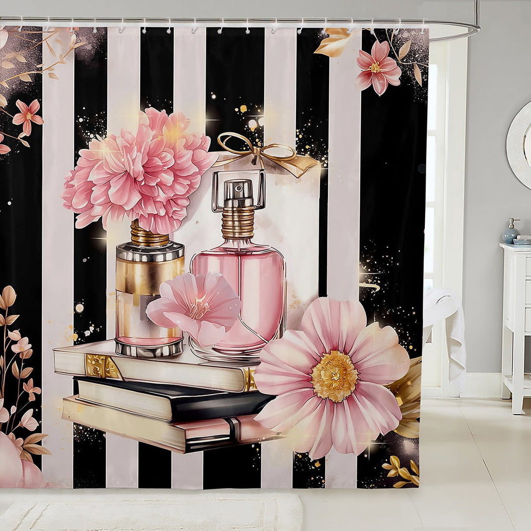 Pink Floral Shower Curtain Modern Fashion Girly Bath Curtain Romantic Makeup Themed Bathroom Decor Black White Stripe Waterproof Curtain Women Perfume Print Curtain,72" W x 72" L