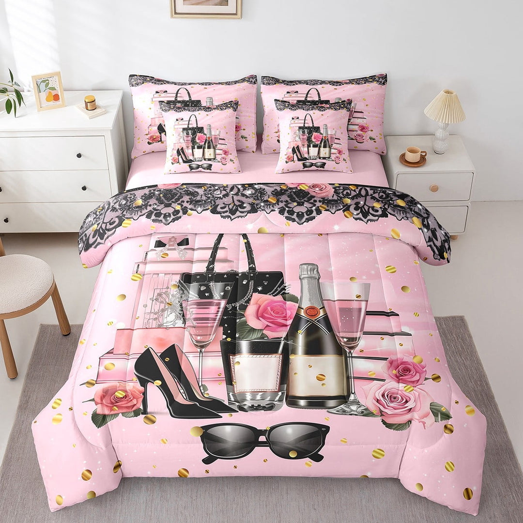Erosebridal Romantic Pink Rose Bedding Full Size, High Heels Bed Set, Fashion Perfume Reversible Bed in a Bag Full size, Super Cozy Room Decorative, 7pcs
