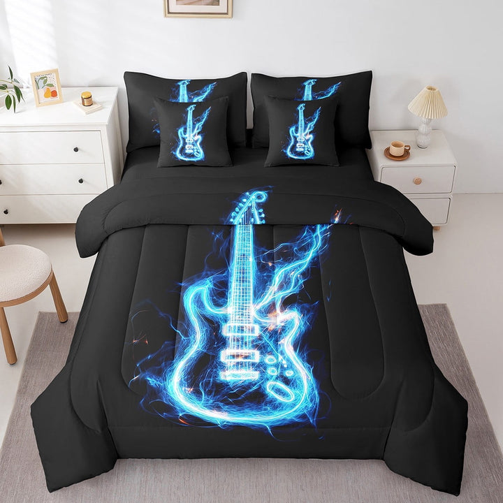 Guitar Twin Bedding Set 7 Piece Rock Music Bed In A Bag Teen Men Neon Musical Instrument Comforter Set Hip Hop Hippie Sheet Set With Comforter,Pillow Covers
