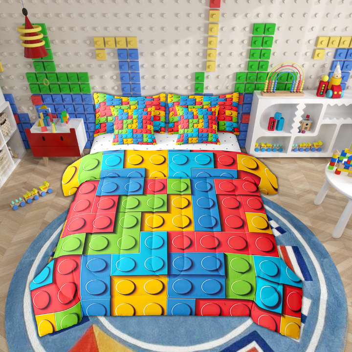 3D Construction 7 Pcs Comforter Set twin, Building Blocks Bedding , Rainbow Colorful Toy Brick Sheet Set Bed in A Bag Funny Patchwork Geometric Rectangle Quilt