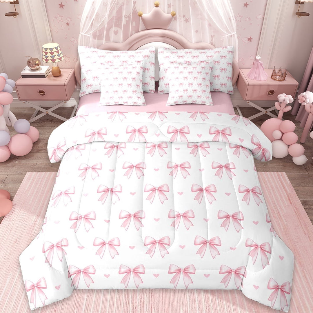 Erosebridal Pink Bows 7-Piece Twin Bedding Sets For Girls,Dreamy Princess Style Bowknot Bedding Comforter Set,Cartoon Loves Pattern,Reversible