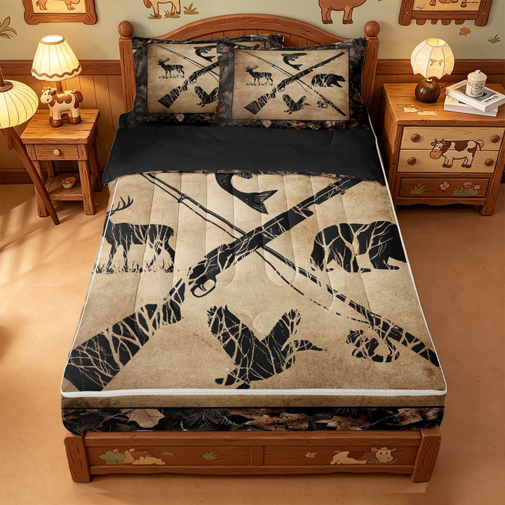 meiyoeat Safari Deer Bear Mallard Zipper Full Size Comforter Sets with Fitted Sheet and 2 Pillowcases For Kids,Hunting Wildlife Zipper Bedding Set For Boys,Black Reversible,4-Piece