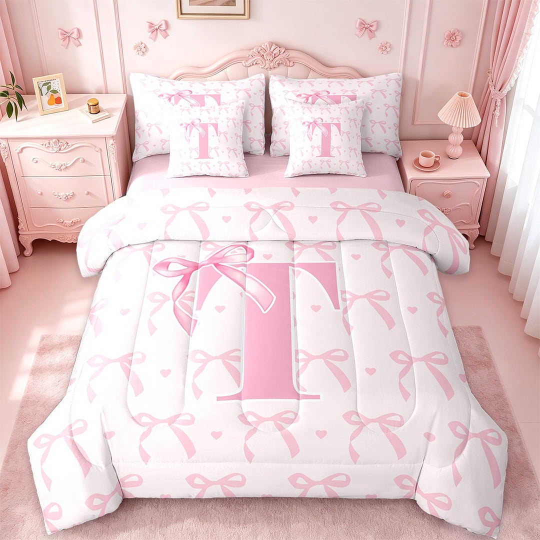 jejeloiu Personalized Letter T Twin Bedding Sets,7-Piece,Monogrammed Theme Bedding Comforter Set,Ribbon Bow Knot Sheet Sets,Ultra Soft Bedroom Decor Reversible