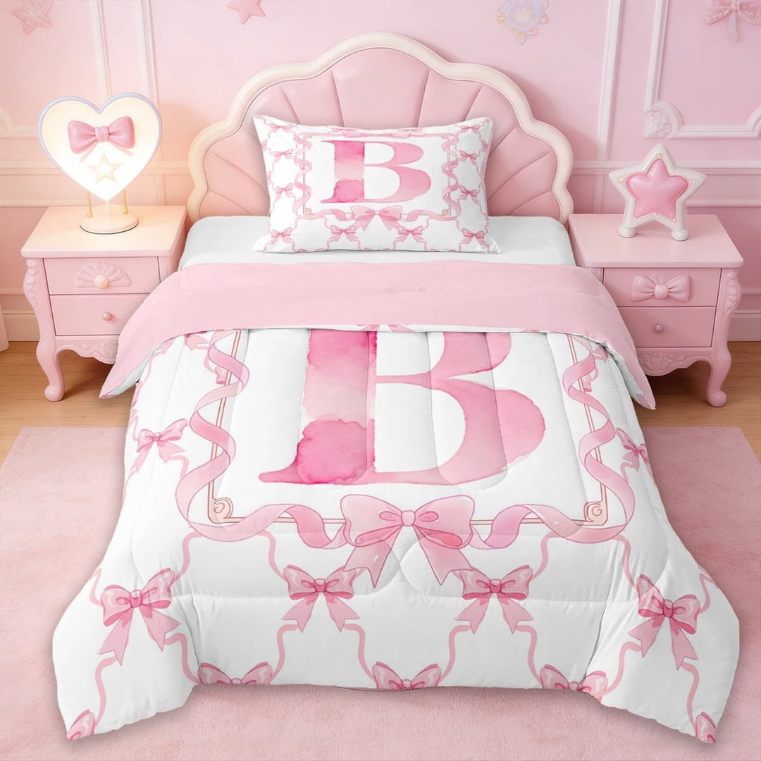 Erosebridal Girls Pink Bowknot Twin Comforter Sets,Initial Alphabet B Bedding Set For Kids,Reversible pink,2 Pieces