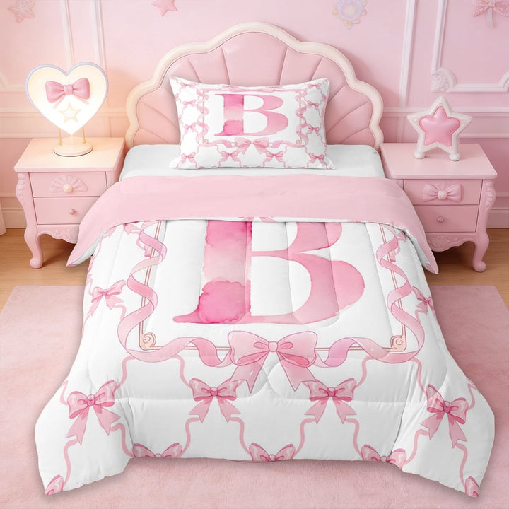 Erosebridal Girls Pink Bowknot Twin Comforter Sets,Initial Alphabet B Bedding Set For Kids,Reversible pink,2 Pieces