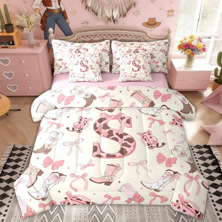 Erosebridal Pink Bowknot Monogrammed S Bedding Comforter Set, Western Cowgirl Boot Full Bedding Set for Girls, Pink Reversible, 7 Pieces