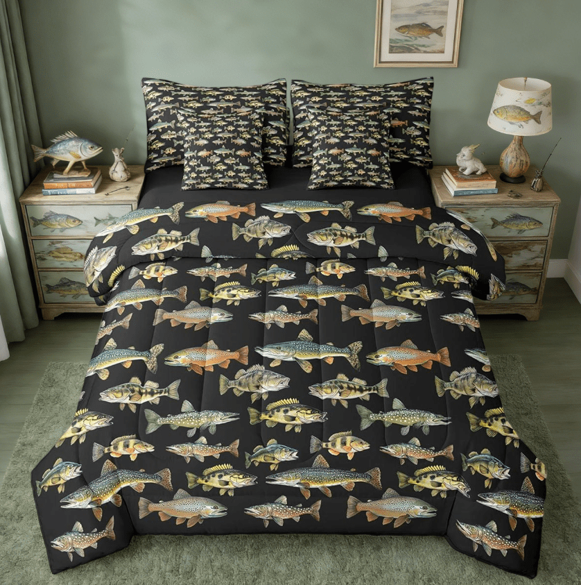 Manfei Pike Fish 7 Pieces Bedding Comforter Set,Vintage Fishing Full Bedding Set For Boys Girls,Fishing And Hunting Animals Marine Life Reversible