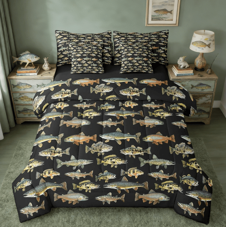 Manfei Pike Fish 7 Pieces Bedding Comforter Set,Vintage Fishing Full Bedding Set For Boys Girls,Fishing And Hunting Animals Marine Life Reversible