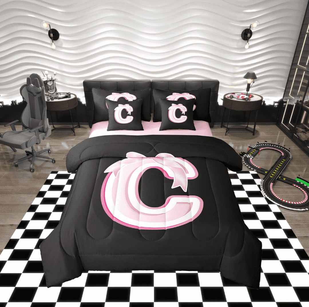 Erosebridal Initial Letter C Bedding Sets Twin Size, Black Pink Comforter Sets with Sheets, Kawaii Bow-tie Reversible Bed Set, Lightweight Room Decorative, 7pcs