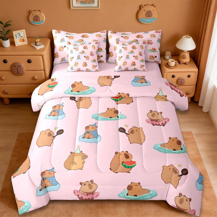 Erosebridal Rodent Animals Capybara 7-Piece Twin Bedding Sets,Cute Animals Bedding Comforter Set For Girls Kids ,Reversible Pink