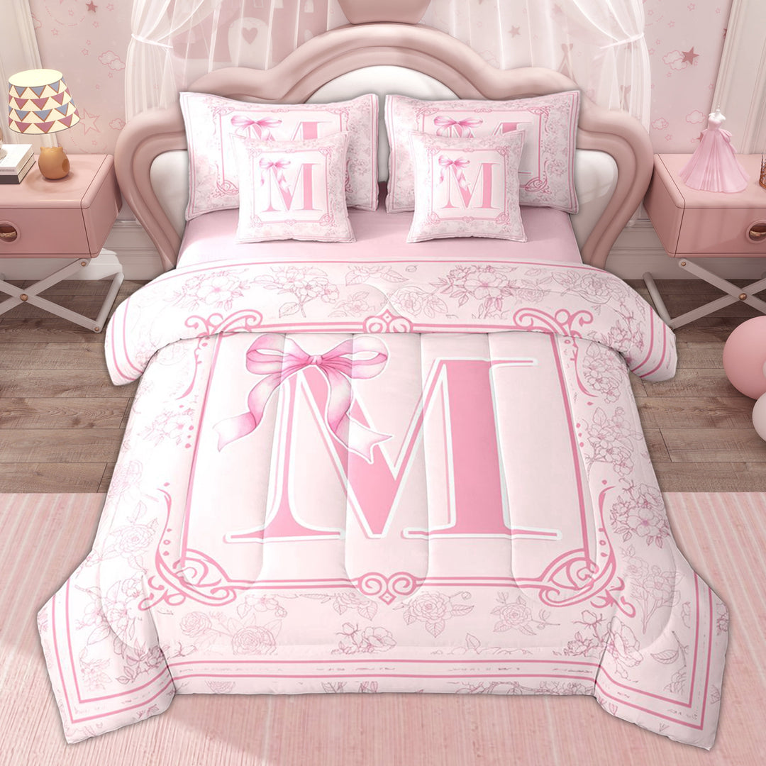 Erosebridal Princess Bow Monogrammed Girls Twin Bedding Sets, Cute M Letter Bedding Comforter Set, Pink Reversible, 7 Pieces