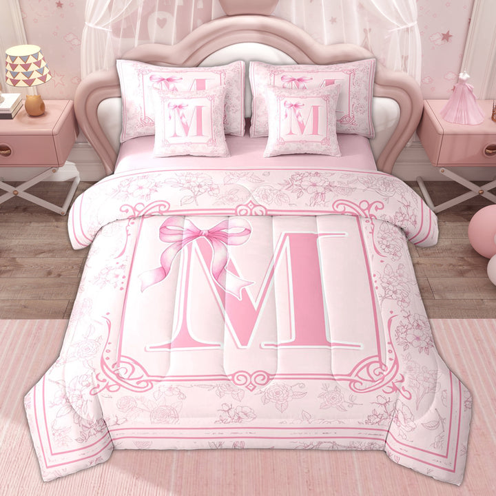Erosebridal Princess Bow Monogrammed Girls Twin Bedding Sets, Cute M Letter Bedding Comforter Set, Pink Reversible, 7 Pieces