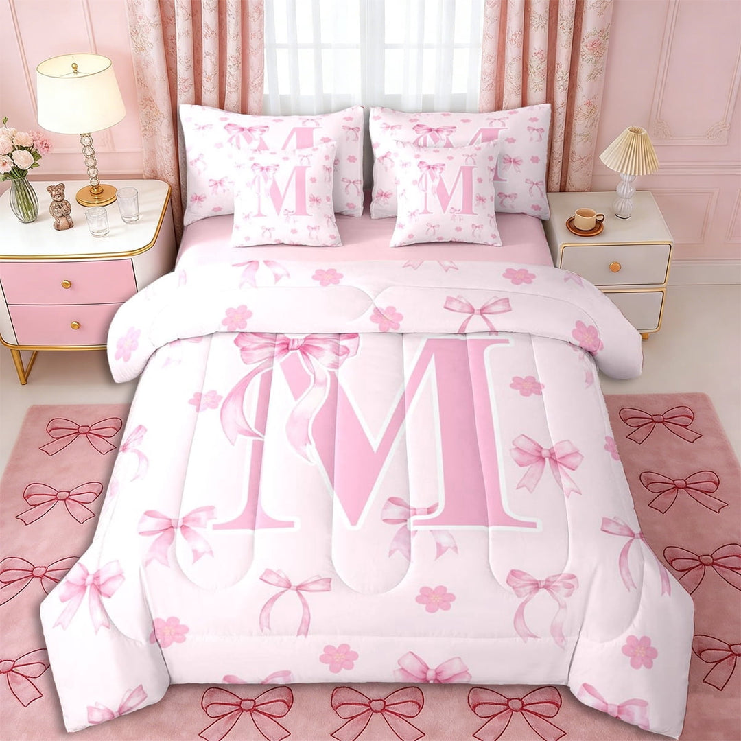 Erosebridal Pink Bowknot Personalized Initial M Twin Bedding Sets 7-Piece,Japanese Style Sakura Bedding Comforter Set,Pink Reversible,Ultra Soft Home Decor