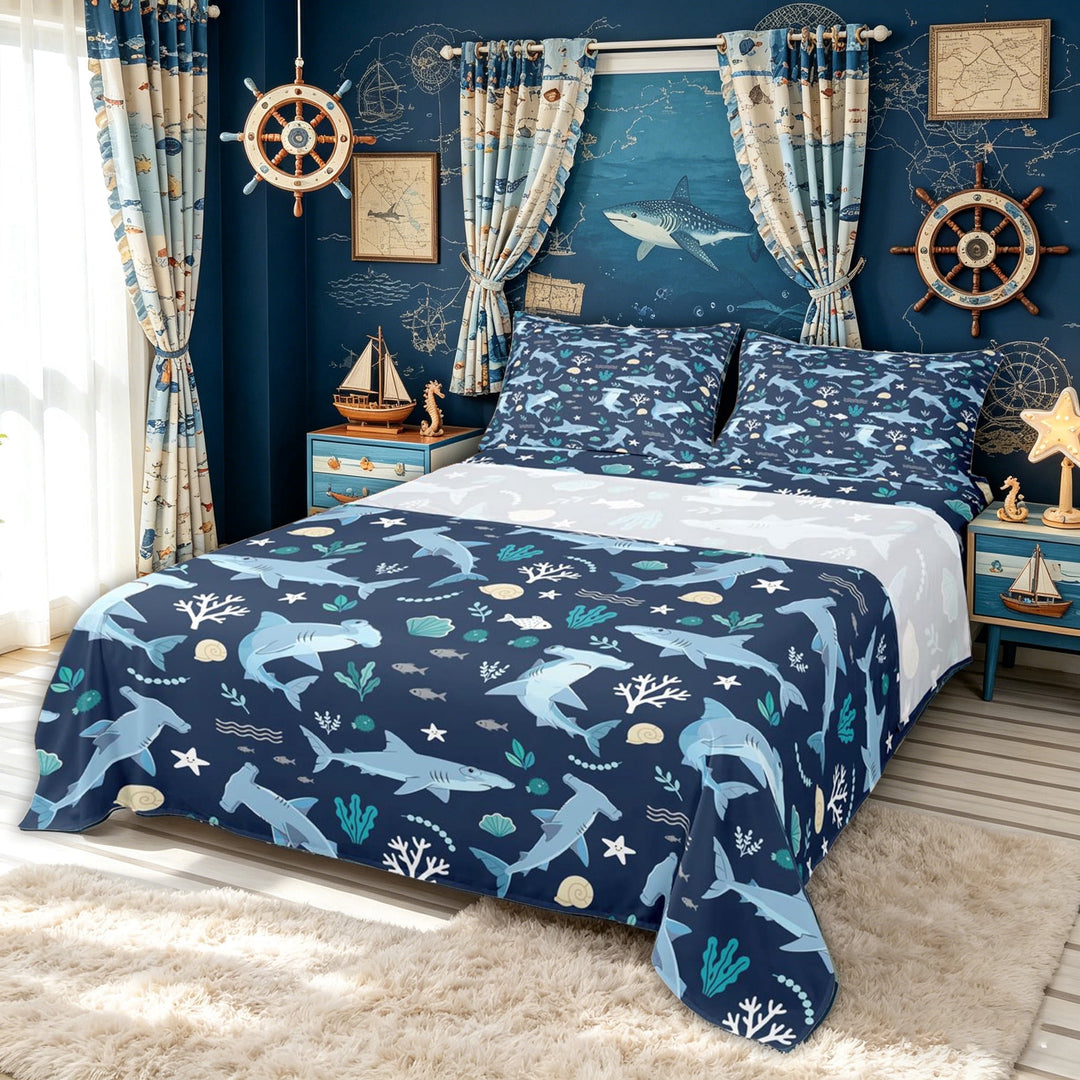 meiyoeat Hammerhead Shark Bed Sheets for Kids Boys, Underwater Sealife Full Size Sheets for Bedroom, Navy, 4-Piece