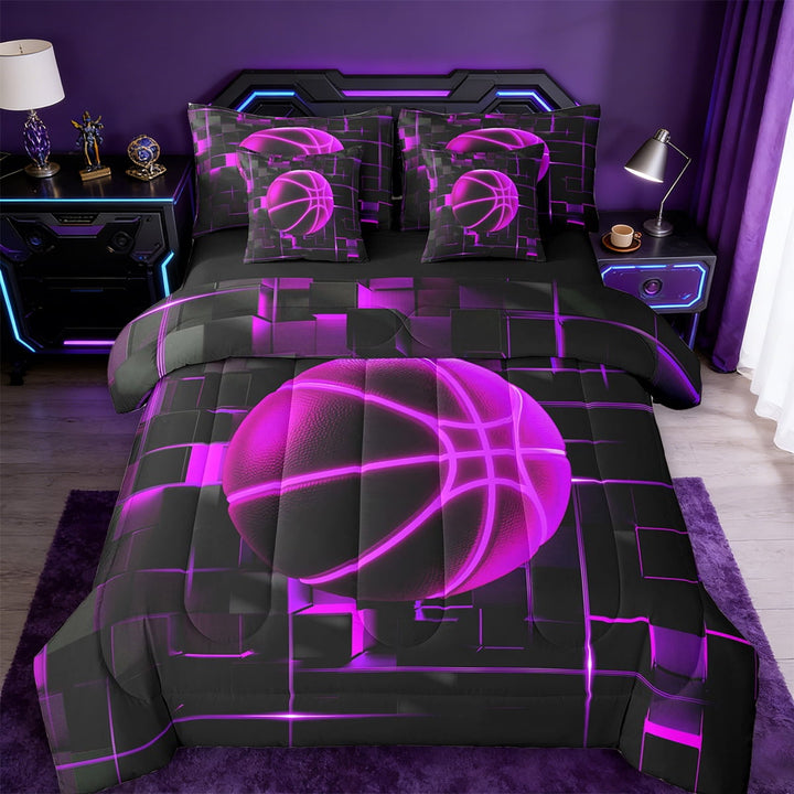Erosebridal Geometric Geometry Checkered Bedding Sets Twin Size,Basketball Game Comforter Sets with Sheets,Black Pink Bed in a Bag Twin Size For Youth,Super Cozy Room Decoration Reversible,7-Piece
