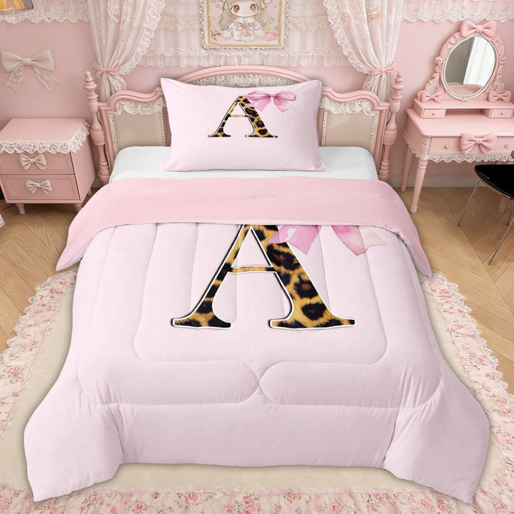 Erosebridal Pink Bowknot Letter A Twin Comforter Sets, Cheetah Leopard Print Bedding Set for Girls Kids, Pink Reversible, 2 Pieces
