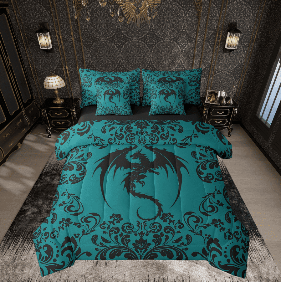 Gothic Dragon Bedding Set With Sheets Boho Goth Teal Black Damask 7 Piece Bed In A Bag Full Bohemian Exotic Floral Animal Comforter Set Adults Victorian Baroque Dragon Bed Set