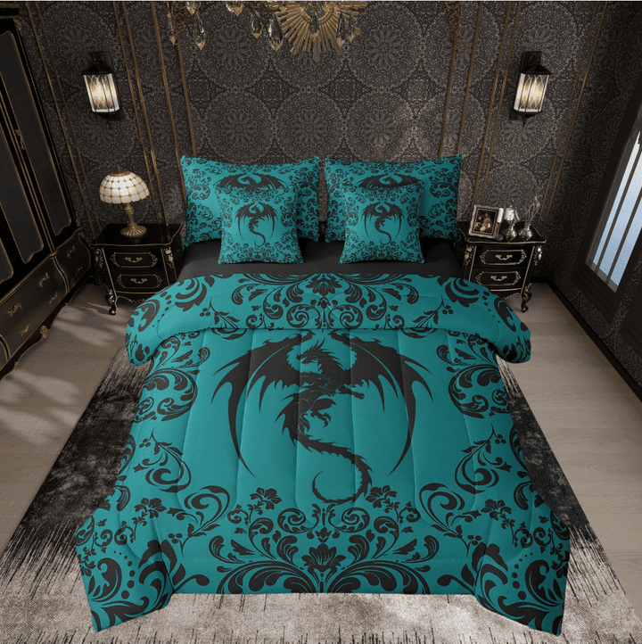 Gothic Dragon Bedding Set With Sheets Boho Goth Teal Black Damask 7 Piece Bed In A Bag Full Bohemian Exotic Floral Animal Comforter Set Adults Victorian Baroque Dragon Bed Set