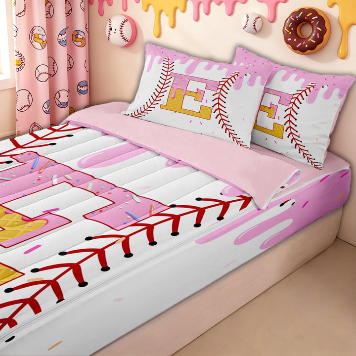 meiyoeat Cute Letter E Zipper Twin Comforter Sets with Fitted Sheet and 2 Pillowcases for Kids, Baseball Ice Cream Drip Zipper Bedding Set, Pink Yellow, Pink Reversible, 4pcs