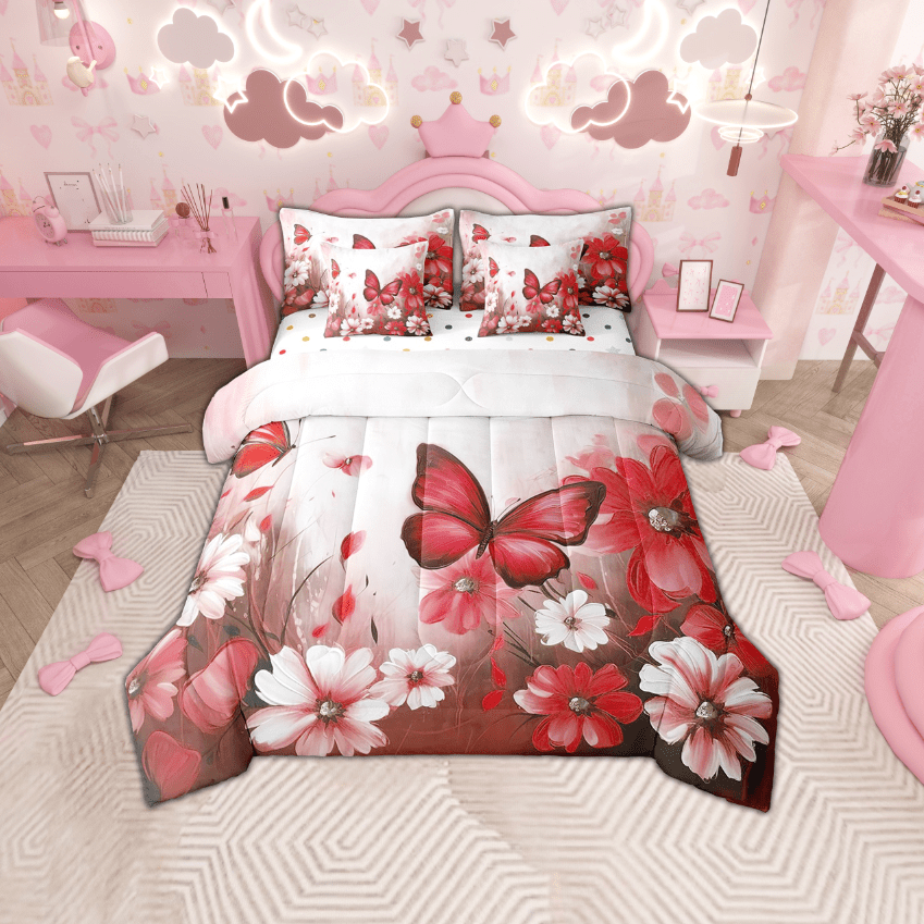 Butterfly Flowers Comforter Set 7 Piece Bed in a Bag Twin,Red Ombre Art Oil Painting Floral Bedding Sets Rustic Aesthetic Animal Daisy Flower Sheet Set with Comforter
