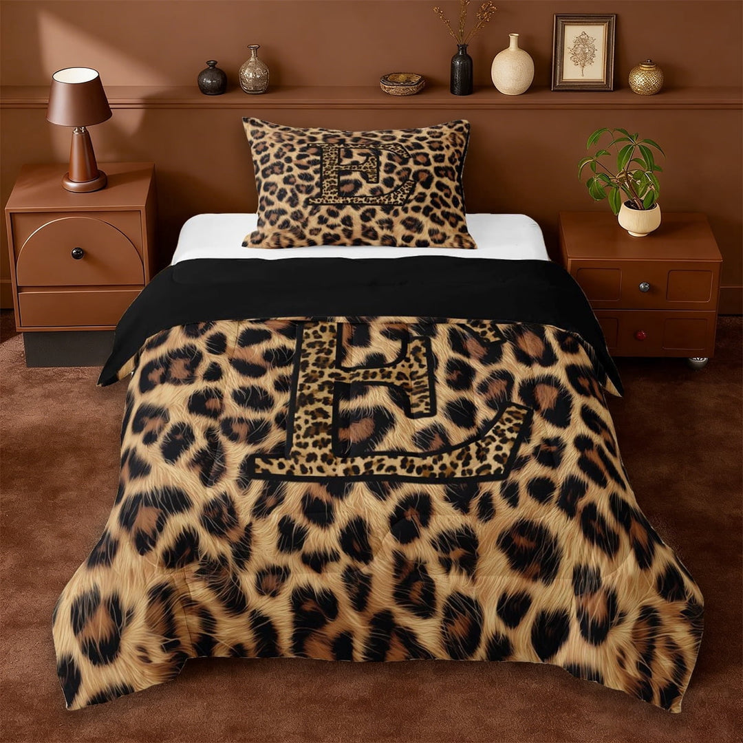 Erosebridal Cheetah Pattern Letter E Twin Comforter Sets,Chic Leopard Printed Bedding Set For Girls Teens,Reversible Black 2-Piece