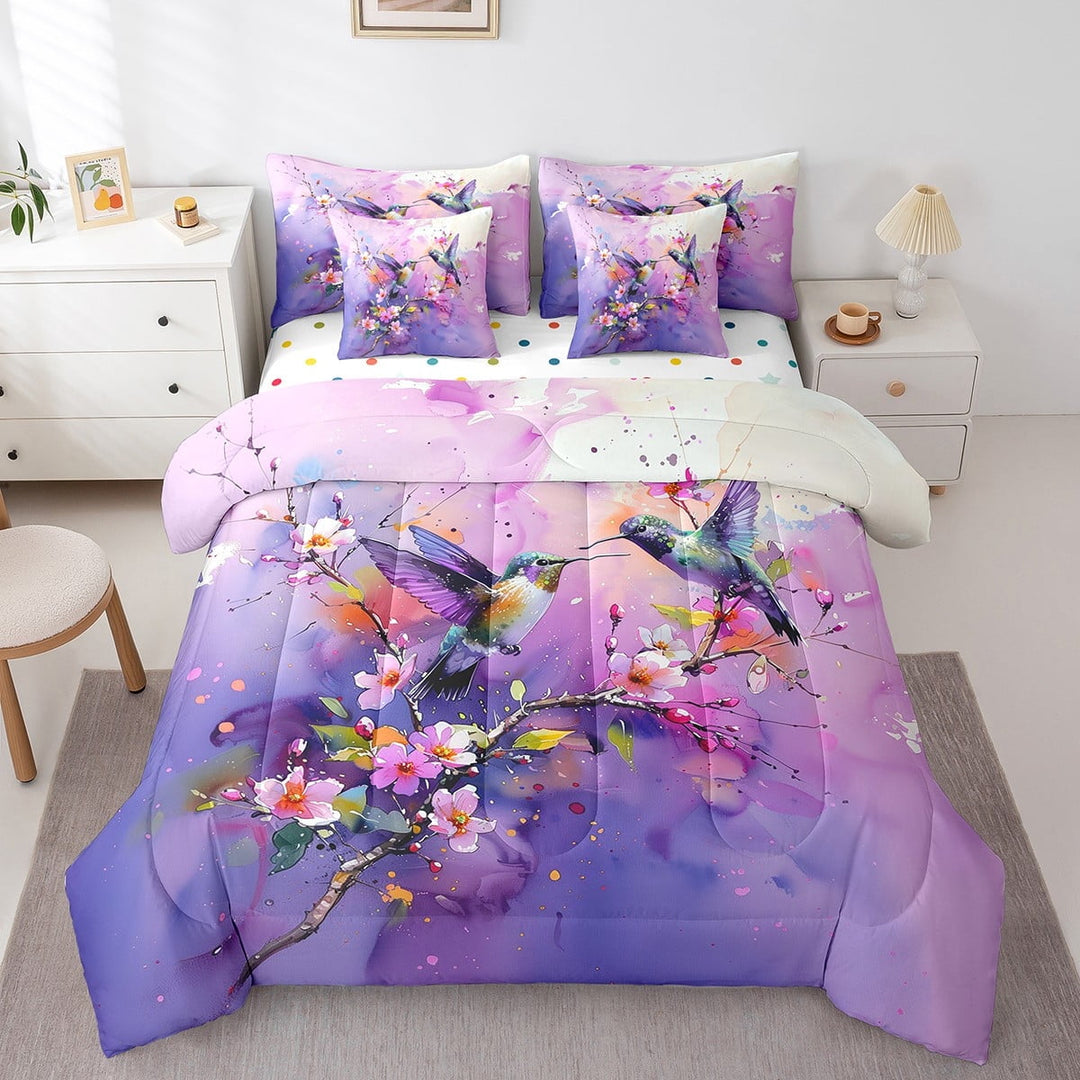 Erosebridal Animal Hummingbird Bedding Queen Size,Colorful Floral Bedding Sets Queen Size,Bird Bedroom Decor,Reversible,Lightweight,7pcs