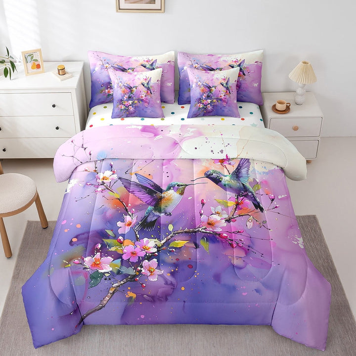Erosebridal Animal Hummingbird Bedding Queen Size,Colorful Floral Bedding Sets Queen Size,Bird Bedroom Decor,Reversible,Lightweight,7pcs