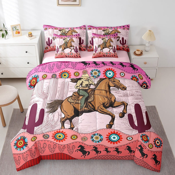 CowBed in a Bag 7 Piece Western Farmhouse Bedding Sets Twin Size Desert Cactus Horse Animal Comforter Set with Sheets Rustic Farmstyle Bed Set Teen Cowboy Retro Style Sheets Pink