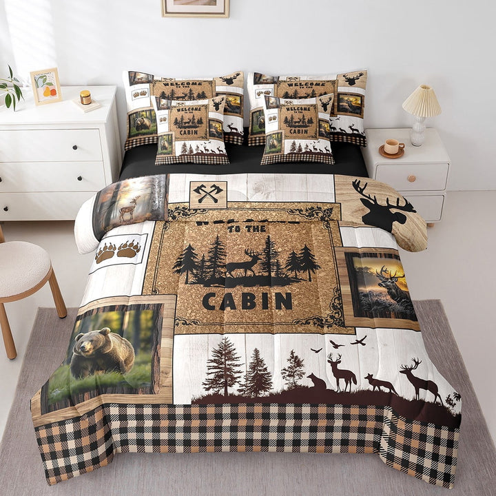 Erosebridal Hunting Bear Deer Bedding Sets Twin Size,Brown Farmhouse Comforter Sets with Sheets,Rustic Lodge Cabin Decor,Reversible,7pcs