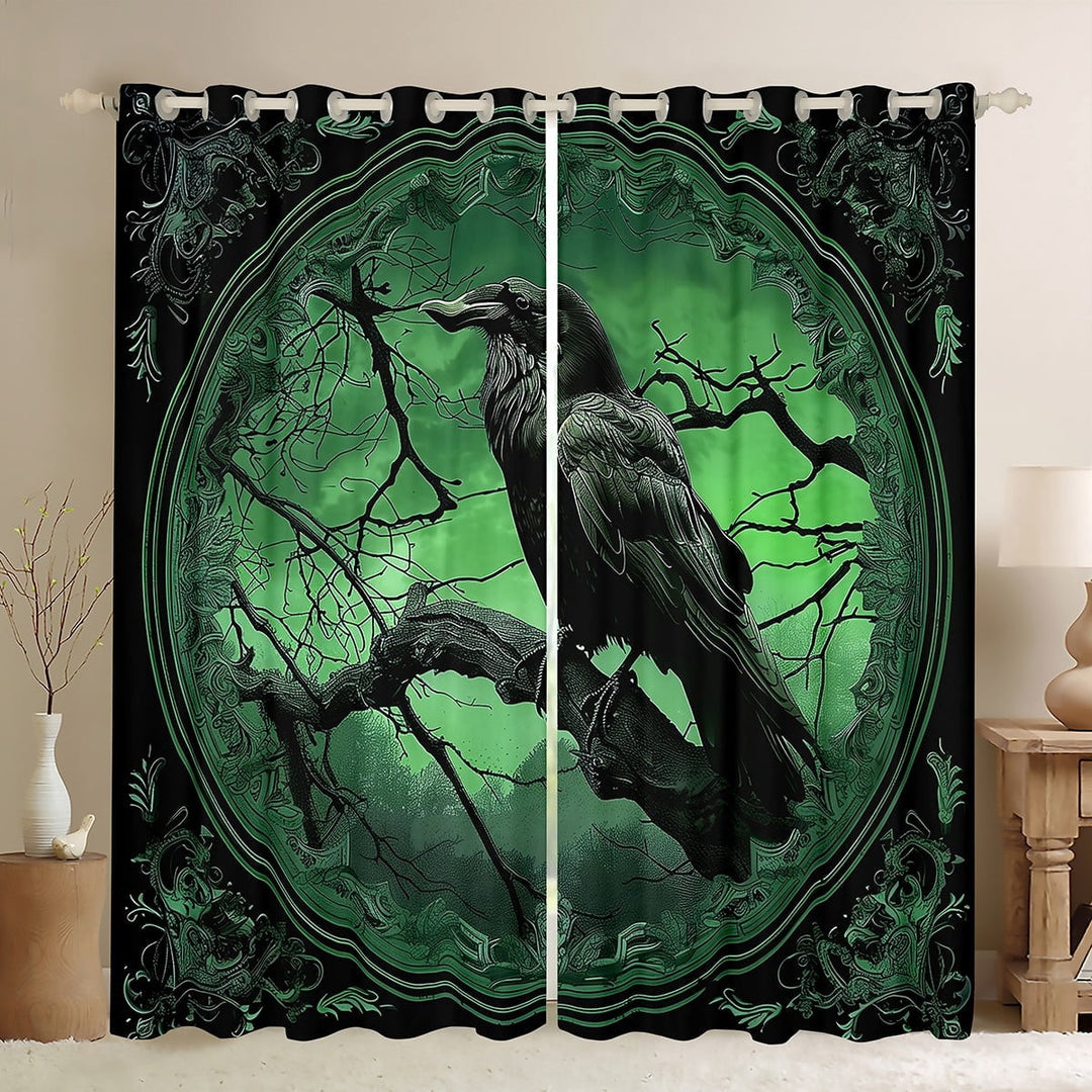 Manfei Spooky Crow Blackout Curtains Set of 2 (52x84 Each),Gothic Damask Flower Window Curtains,Halloween Horror Theme Curtains and Drapes For Girls,Luxury Bedroom Decor