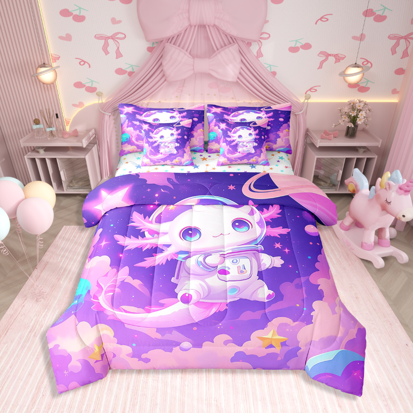 Erosebridal Cosmonaut Axolotl Bedding Sets Twin Size,Kawaii Starss Comforter Sets With Sheets,Bedroom Decor,Reversible,Breathable,7Pcs